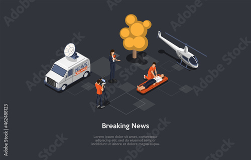 Breaking News Concept Illustration. Isometric Vector Composition, Cartoon 3D Style. Dark Background, Text. Group Of People, Infographics. Accident Occasion Reportage. Journalist Broadcasting Process.