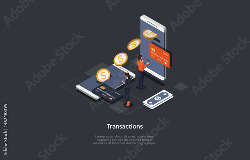 Vector Illustration Cartoon 3D Style. Isometric composition. Conceptual Design. Financial Transactions. Money Exchange Process, Electronic Procedure. Internet Innovation. Easy Modern Payment Benefits © Intpro