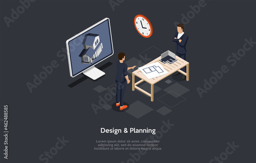 Design And Planning Concept Vector Illustration On Dark Background With Text. Isometric Composition In Cartoon 3D Style. Housing And Building Architecture Process. Home Construction Visualization.