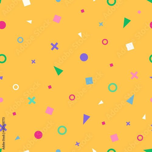 Memphis gaming random particles seamless pattern. Best for child decorative design. Square vector  pattern with geometric shapes like square, triangle and circle. Yellow tileable pattern.
