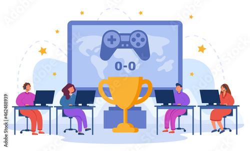 Girls and boys competing in esports for the cup using PC. Winning cup in gaming championship flat vector illustration. Esports champion, competition, entertainment concept