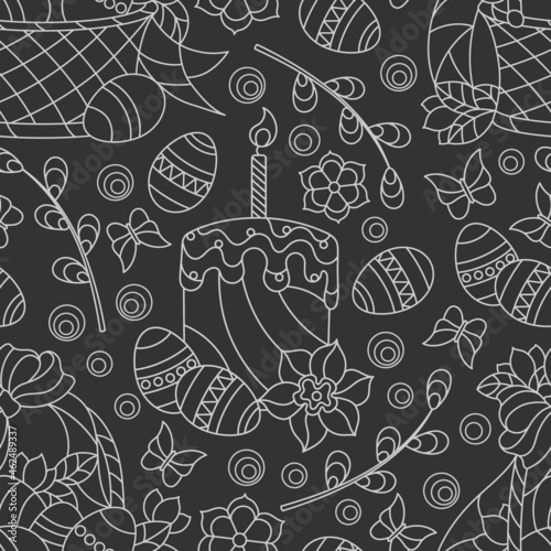 Seamless pattern on the theme of the Easter holiday , light contour baskets, cakes, eggs and flowers on a dark background