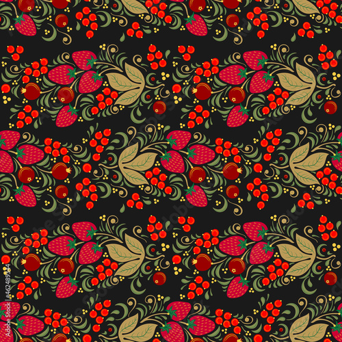 Seamless floral pattern in folk painting style, flowers, leaves and berries on dark background