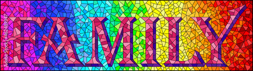 Stained glass illustration with the word family on a rainbow background, rectangular image