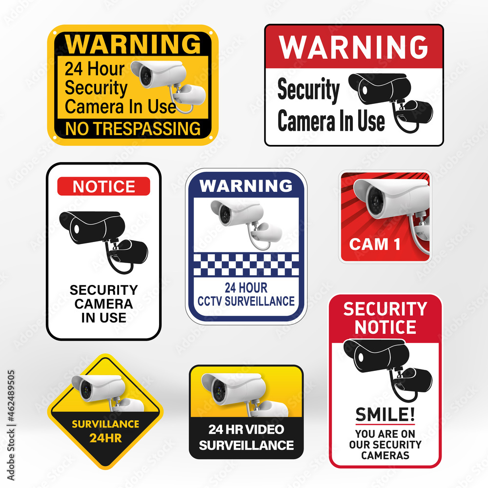 Vetor de Set of different nameplates security CCTV. Round the clock