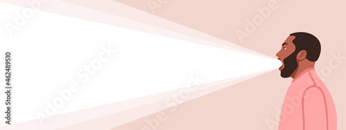 Screaming Man. A ray of light from the mouth. Conceptual background or banner for advertising. Vector illustration