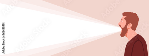 Screaming Man. A ray of light from the head. Conceptual background or banner for advertising. Vector illustration