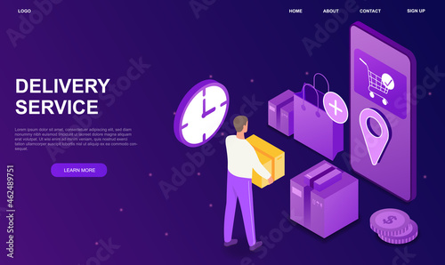 Online Delivery Service. Man stands with box in his hands. Online orders, address selection. Courier hold parcel and stand near smartphone. 3d vector illustration isolated on violet background