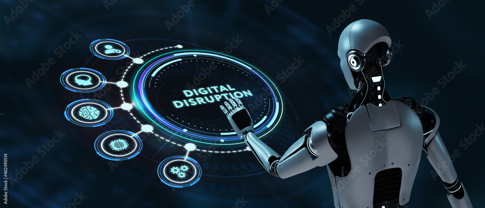 Digital disruption transformation innovation technology business internet concept.Robot pressing button on virtual screen. 3d render