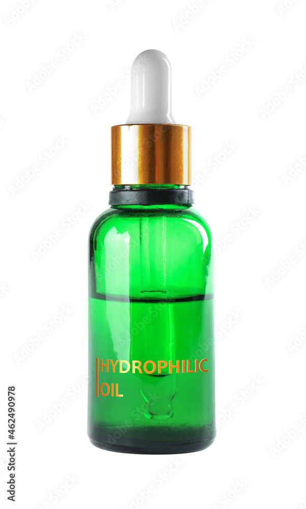 Bottle of hydrophilic oil isolated on white. Makeup remover