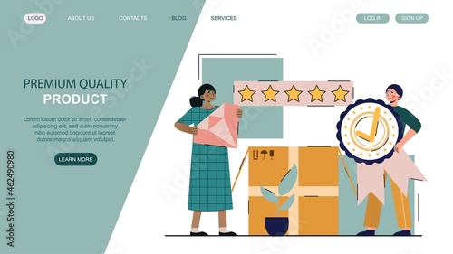 Premium quality product. Quality rating by visitors, fast delivery. Buying goods over Internet. Purchase of luxury good, vip customer bonus. Flat vector illustration isolated on white background