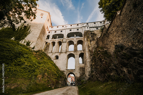 Beautiful view of the church and castle. Cesky Krumlov with St Vitus church in the middle of historical city centre. Cesky Krumlov, Southern Bohemia, Czech Republic photo