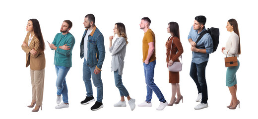 People waiting in queue on white background. Banner design