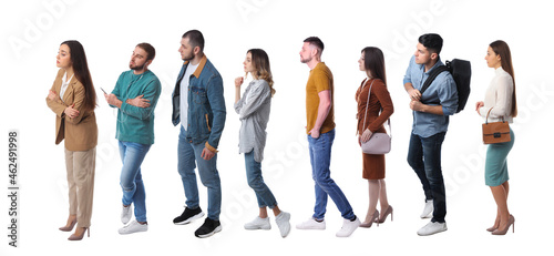 People waiting in queue on white background. Banner design
