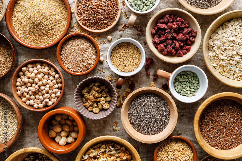 A healthy food mix of grains, groats, dried fruits and nuts, close up view. Super food A healthy food mix of grains, groats, dried fruits and nuts, close up view. Super food