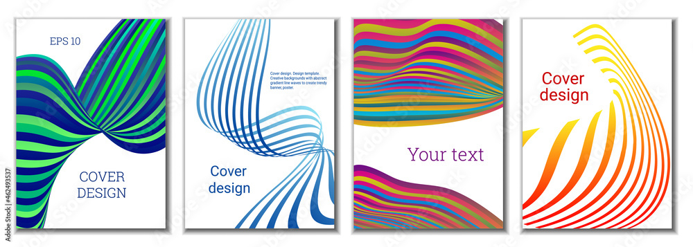 A set of 4 abstract covers. Wavy parallel gradient lines, ribbons evolve. Cover design, background. Trendy banner, poster.