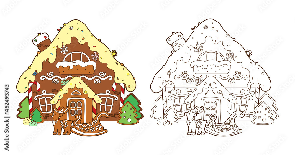 Coloring page with gingerbread house, Christmas candies and new year gingerbread tree, vector ,illustration in cartoon style, black and white line art