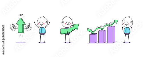 Growth chart and upward arrow movement. Cartoon doodle man, cute people. Up arrow with wings, financial forecast, enhance results, growing trend. Cute cartoon characters, vector illustration