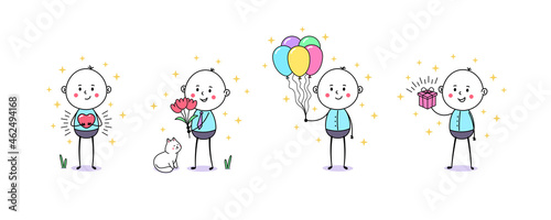 Cartoon doodle man with heart mercy, red flowers, balloons and gift box. Birthday, gift present ceremony, anniversary, party and holiday event, festive mood, congratulation. Vector illustration