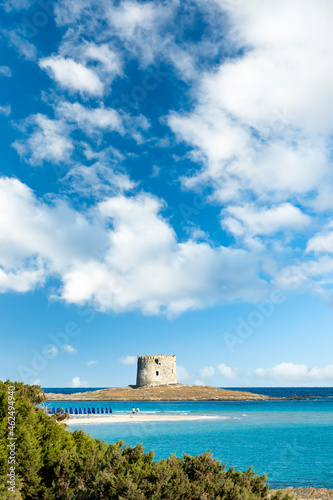 Stunning landscape with the Aragonese Tower and La Pelosa Beach bathed by a calm turquoise water. Spiaggia La Pelosa, Stintino, north-west Sardinia, Italy.