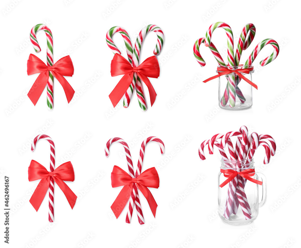 Set with yummy sweet Christmas candy canes on white background Set with yummy sweet Christmas candy canes on white background