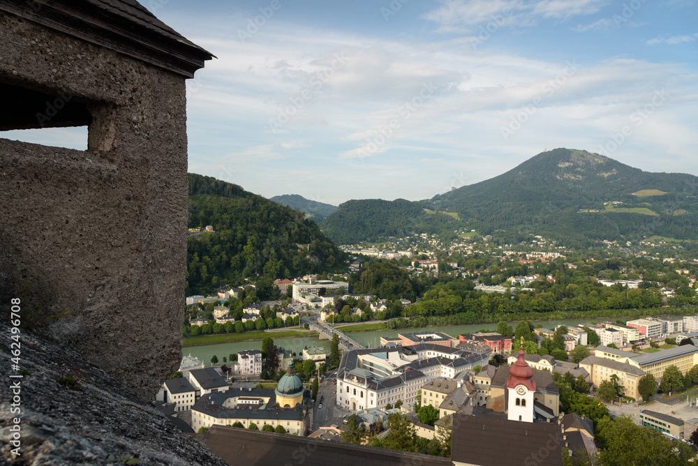 Cityscape of Salzburg from the heights of the 11th century medieval Hohensalzburg castle on a summer day with blue sky, Salzburg, Austria, Europe