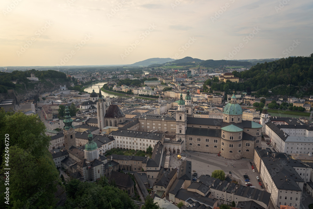 Obraz premium City landscape of the baroque Salzburg from the heights of the 11th century medieval Hohensalzburg castle on a summer day at sunset, Salzburg, Austria, Europe