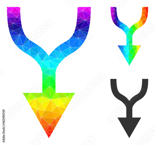 Low-poly combine arrow down icon with spectrum vibrant. Spectrum colorful polygonal combine arrow down vector is constructed from scattered vibrant triangles.