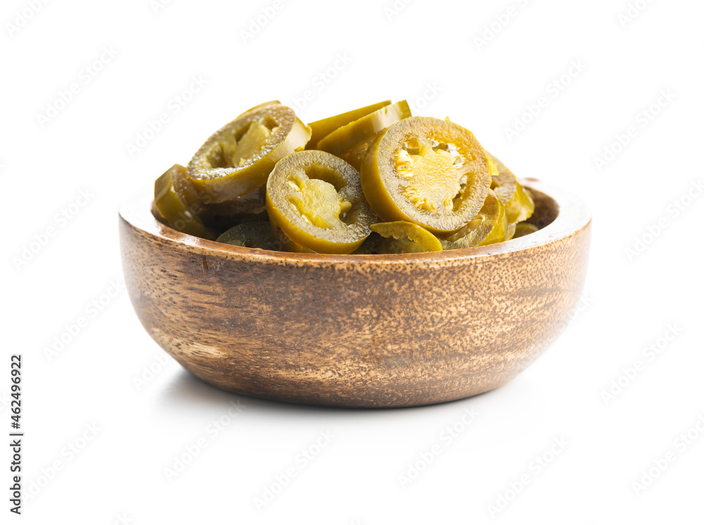 Pickled sliced jalapeno in bowl. Green jalapeno peppers Pickled sliced jalapeno in bowl. Green jalapeno peppers