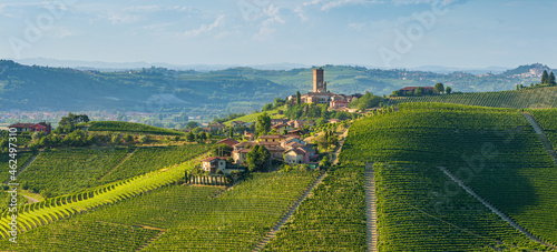 Beautiful hills and vineyards surrounding Barbaresco village in the Langhe region. Cuneo, Piedmont, Italy. photo