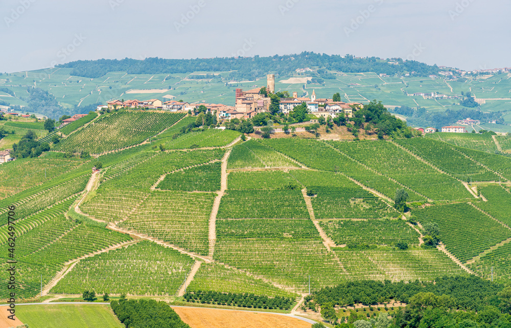 The beautiful village of Castiglione Falletto and its vineyards, in the Langhe region of Piedmont, Italy.