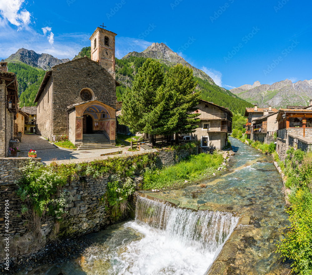 The picturesque village of Chianale on a sunny summer morning, in the Varaita Valley, Piedmont, northern Italy.