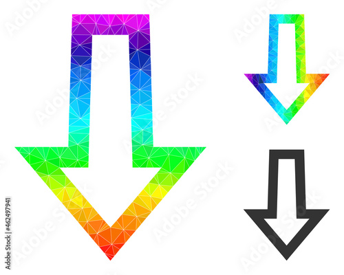 lowpoly arrow down icon with spectral colorful. Spectrum colorful polygonal arrow down vector is designed of scattered colorful triangles.