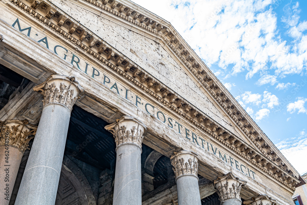 Detail of the front facade of the ancient Pantheon in Rome, Italy