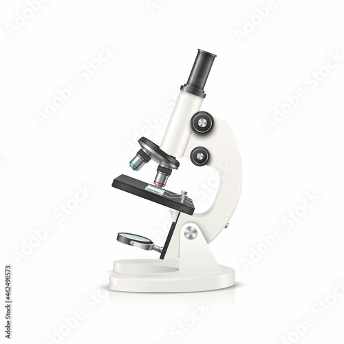 Vector 3d Realistic White Laboratory Microscope Isolated on White. Chemistry, Biology Tool. Science, Lab, Research, Education Infographics. Design Template