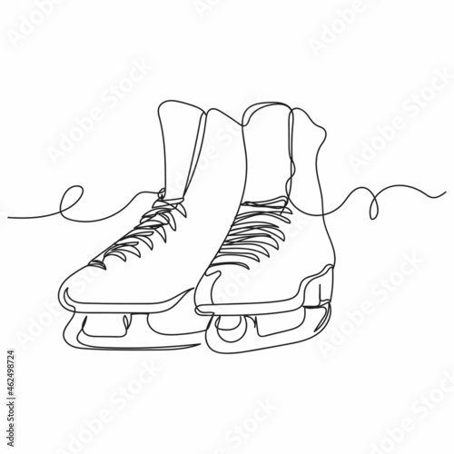 Continuous one line drawing of figure skates in silhouette on a white background. Linear stylized.