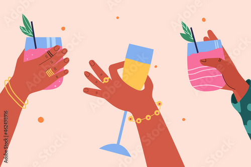 A set of hands with different alcoholic cocktails. Vector illustration