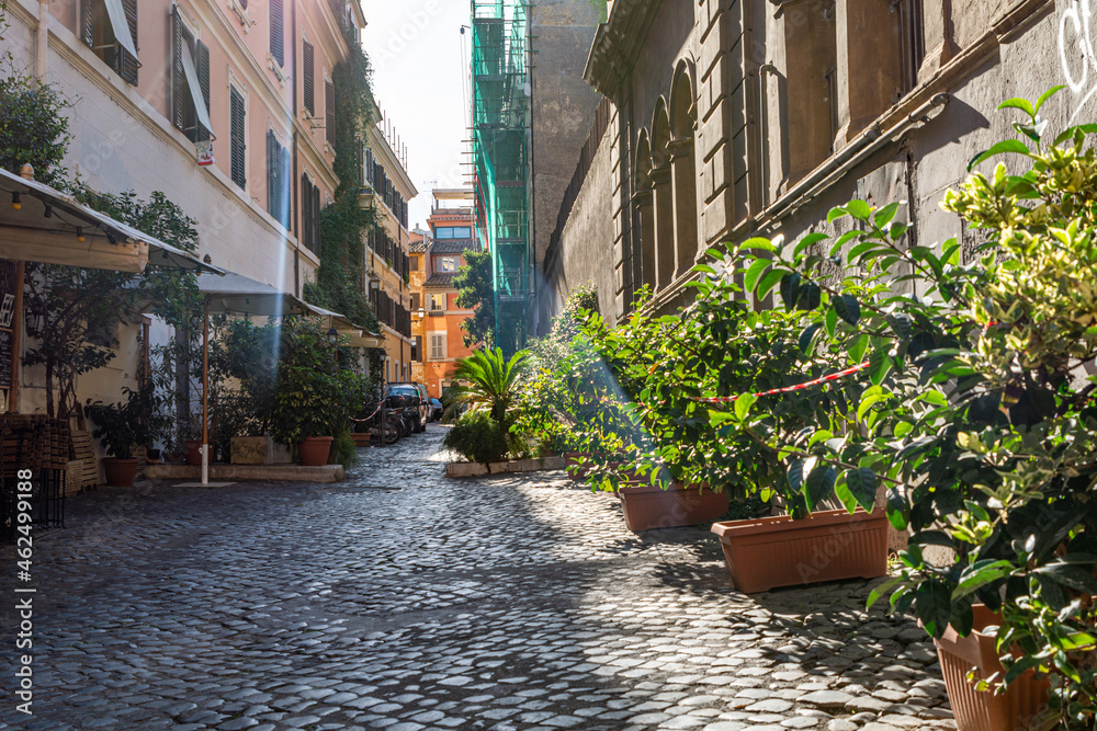 Typical street in Trastevere a famous district in Rome, Italy