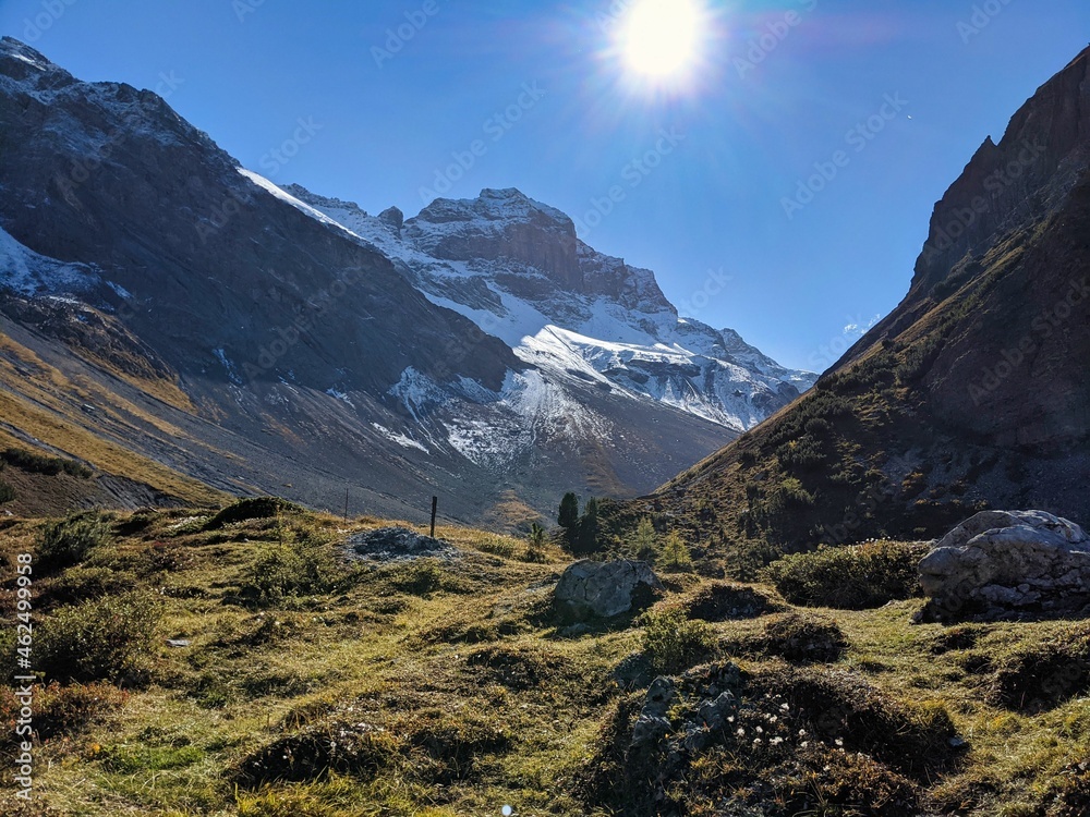 Naklejka premium beautiful autumn hike in the swiss mountains near Sertig, Davos. Larks forests bloom and snow-covered mountain peaks