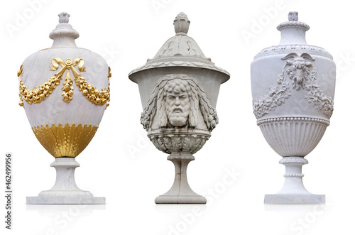 Antique decorative marble vase with golden floral decor isolated on white background. Design element with clipping path
