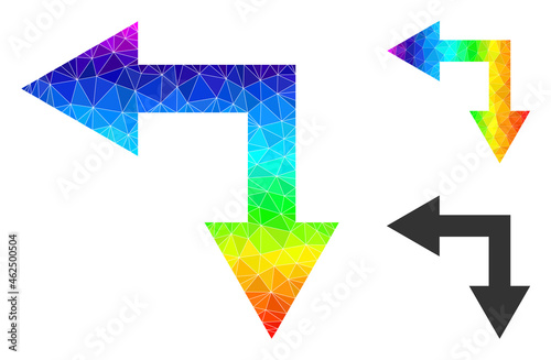 lowpoly bifurcation arrow left down icon with spectral colorful. Spectral colored polygonal bifurcation arrow left down vector is filled with randomized colorful triangles.