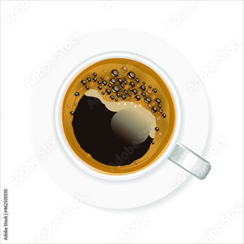 Freshly brewed black natural coffee in a cup on the saucer. Top view. Isolated on a white. Vector illustration EPS 10.