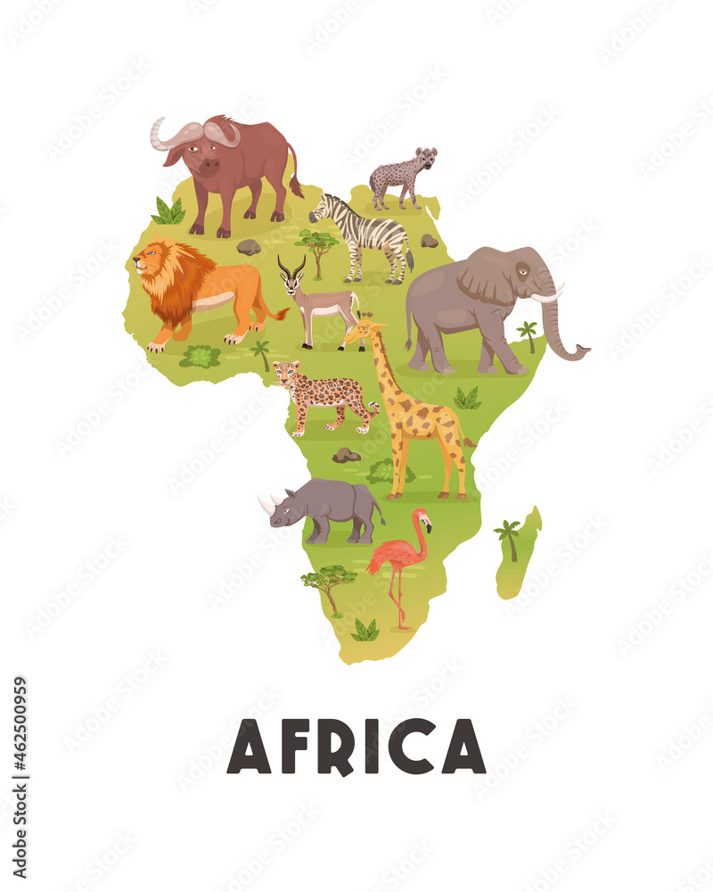 Fototapeta premium African Savannah Wild Animal Set, African Continent. Lion, Rhino, Zebra, Buffalo, Giraffe, Flamingo, Leopard, Gazelle, Elephant, Hyena. Vector Illustration. Animals of Africa. Savannh Safari Concept