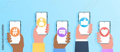 Social media applications. Hands hold smartphones with open programs. Internet communication, international, connection. Mobile app concept. Cartoon vector illustration isolated on blue background