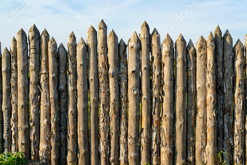 Wooden palisade made of logs. Log wooden fence. Sharp stakes in the ground.