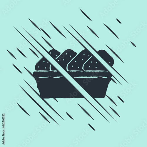 Black Chicken nuggets in box icon isolated on green background. Glitch style. Vector Illustration