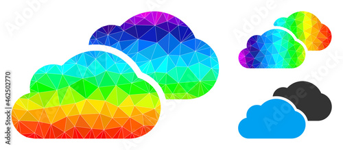 lowpoly clouds icon with spectral vibrant. Rainbow colorful polygonal clouds vector is constructed from scattered colorful triangles. Flat geometric lowpoly symbol is created from clouds pictogram.