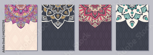 Set of four color cards or flyers with ethnic mandala ornament. Abstract mandala design. Decorative colorful pattern with ornate texture, tribal ethnic oriental motif. Vector layout design.