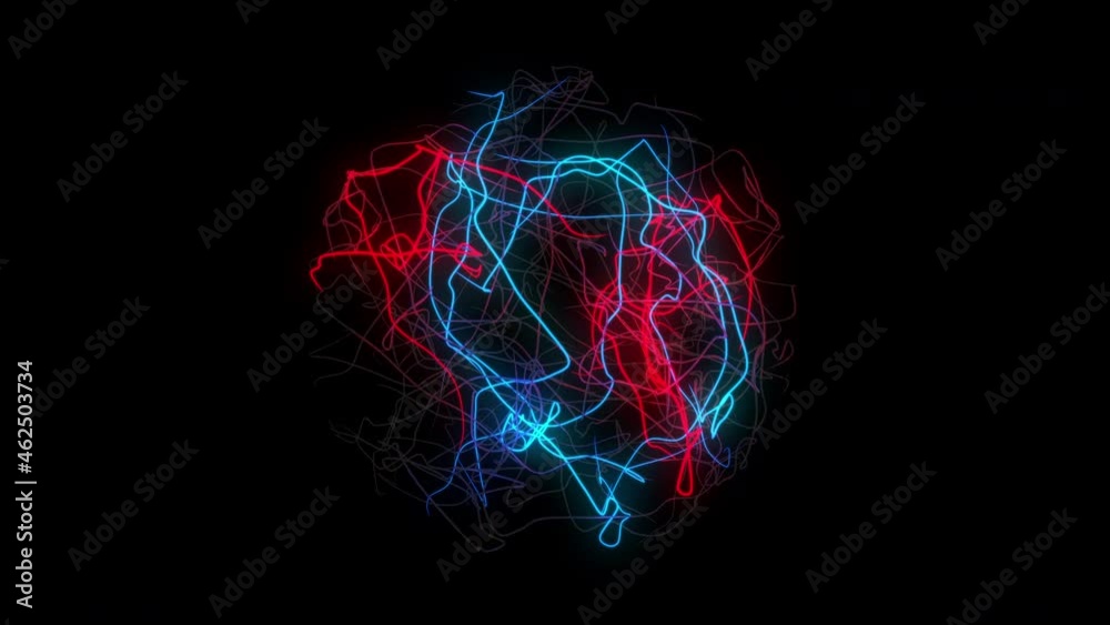 Science Technology Sphere Ball. Ball with energy charges of plasma, glowing red-blue lines on a black background. 4k