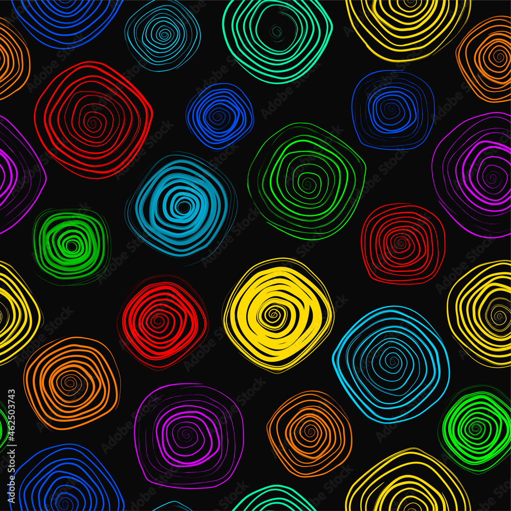 Geometric seamless pattern with rainbow spiral circles one line. Retro 80s background. Vector Geometric seamless pattern with rainbow spiral circles one line. Retro 80s background. Vector